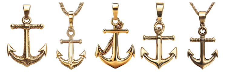 Collection of Unique Gold Anchor Pendants for Nautical Jewelry Lovers, Isolated on Transparent, white background