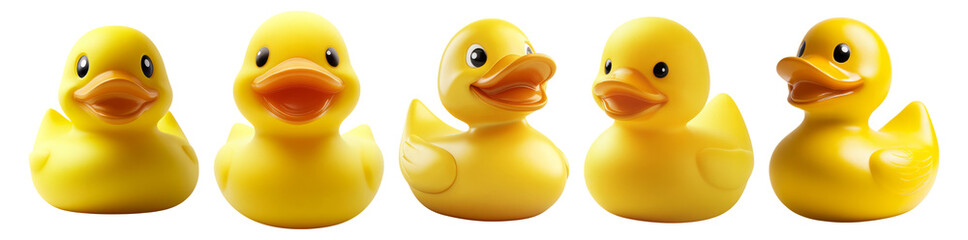 Bright Yellow Rubber Duckies in a Row for Playful Water Activities, Isolated on Transparent, white background