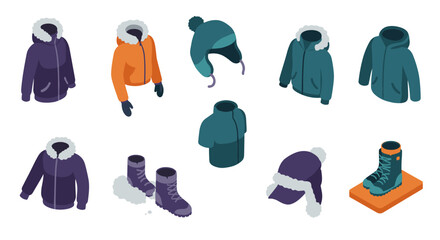 Fototapeta premium Winter clothing collection with isometric jackets, boots, and hats for cold weather trends