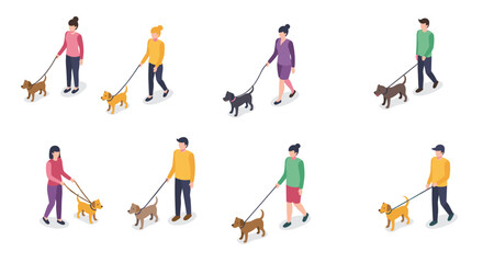 Isometric illustration of diverse people walking dogs in various outfits and styles