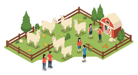 Isometric llama farm scene with people and barn in pastoral setting