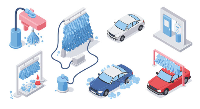 Isometric car wash process with various equipment and vehicles