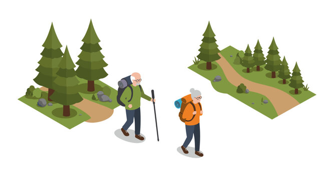 Isometric forest hiking scene with elderly hikers walking on nature trail