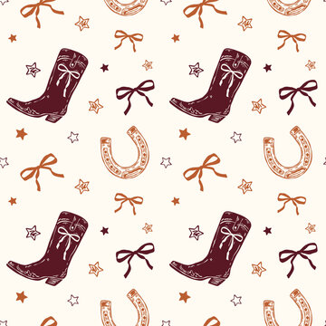 Hand drawn vector seamless wild west pattern featuring cowboy boot, horseshoes, stars and bows. Playful western design perfect for t-shirts, posters, stickers, apparel and backgrounds