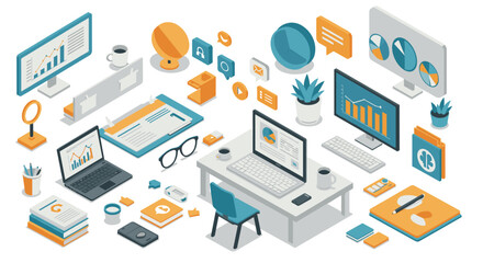 Obraz premium Modern isometric office workspace with digital devices and business analytics