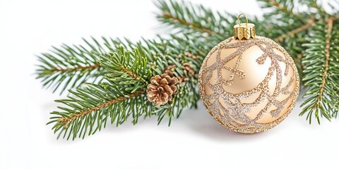 a beautifully decorated christmas bauble hanging on a fir branch over white background