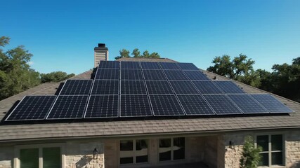 Solar panels installed on residential rooftop under clear blue sky  