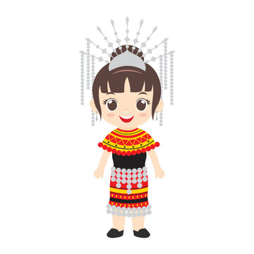 Vector flat illustration. Cute Malaysian Sarawakian girl wearing traditional attire called Baju Iban