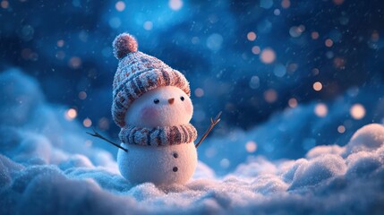 Adorable little snowman wearing a knitted hat and scarf in a snowy winter wonderland with soft bokeh lights