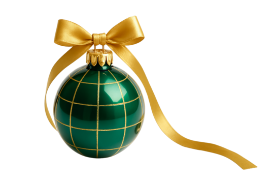 Emerald Christmas bauble with golden ribbon and grid pattern, perfect for festive holiday decor