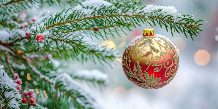 a beautifully decorated christmas bauble hanging on a fir branch over white background - Powered by Adobe