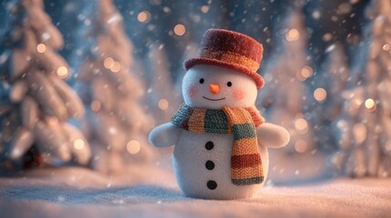Charming snowman wearing a festive hat and scarf standing in a snowy winter forest at dusk