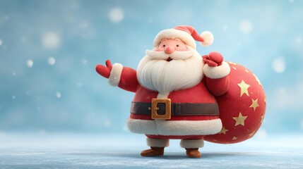 Cheerful cartoon santa claus with a large sack of presents waving happily in a snowy winter landscape