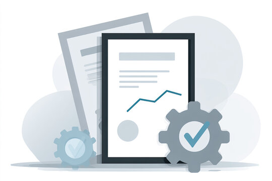 Flat vector illustration of an iso certificate with gears and graphs for professional use