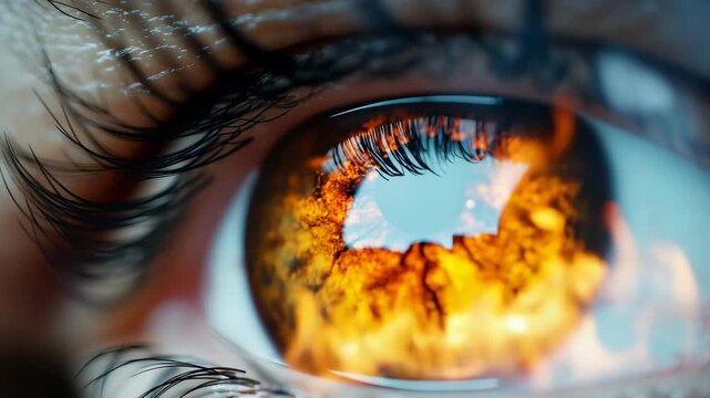 A close-up of a human eye reflects flames, conveying a powerful emotion. The surrounding dark elements enhance the fiery image, suggesting a dynamic, intense atmosphere.