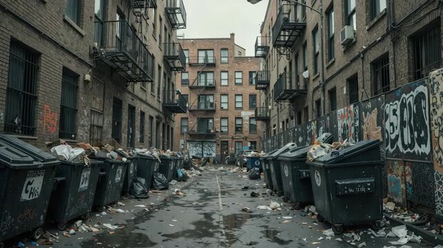 Dirty alley featuring overflowing garbage bins and walls covered in colourful street art.