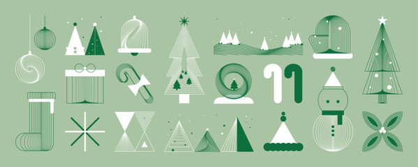 Obraz na płótnie Canvas Christmas and Happy New Year vector mid century line art illustration set with festive elements in light mint green and white tones — elegant design for greeting cards