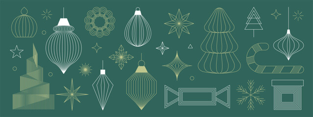 Naklejka premium Christmas and Happy New Year vector mid century line art illustration set with festive elements in sage green and gold tones — elegant design for greeting cards