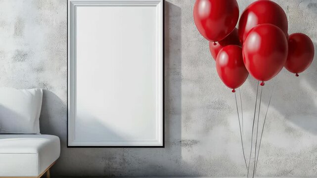 Bright red balloons are gently held by strings next to a blank framed canvas on a rustic plaster wall. A light-colored sofa complements the cozy, contemporary setting.