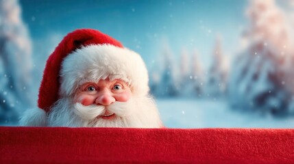 Close up portrait of a surprised santa claus peeking over a red surface in a snowy winter forest
