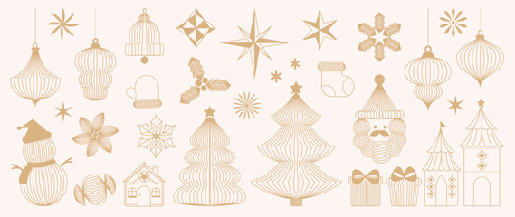 Naklejka na ściany i meble Christmas and Happy New Year vector mid century line art illustration set with festive elements in cream beige and gold tones — elegant design for greeting cards