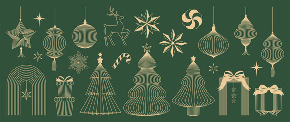 Christmas and Happy New Year vector mid century line art illustration set with festive elements in forest green and gold tones — elegant design for greeting cards