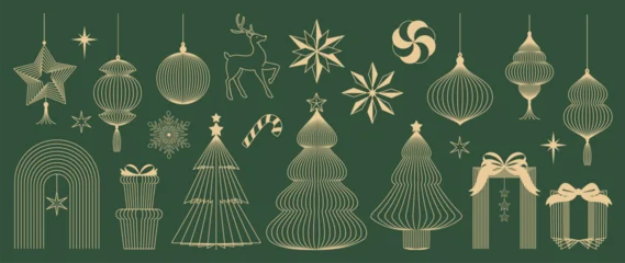 Fototapeten Illustriert Paris Christmas and Happy New Year vector mid century line art illustration set with festive elements in forest green and gold tones — elegant design for greeting cards  © TWINS DESIGN STUDIO