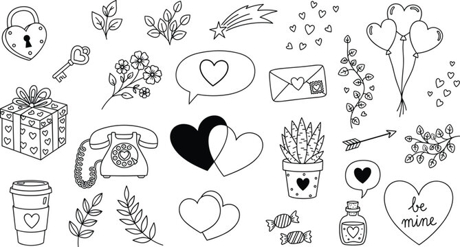 Hand drawn valentine s day doodle icons and symbols collection