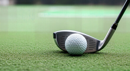 Pre‑shot moment in golf: club head and ball on turf — close‑up of practice course equipment