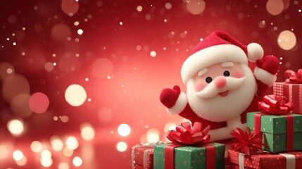 Cheerful santa claus character peeking from behind a pile of festive christmas presents with bokeh lights