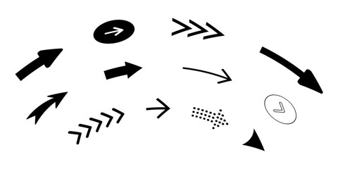 Set of black arrow icons. Various packaging symbols. Motion pointers. Site and player control buttons. Flat style logos. Information pointers. Wayfinding directions. Modern simple vector arrows.