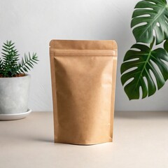 Blank brown kraft paper pouch bag mockup with monstera leaf and potted plant on beige table.