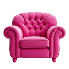 Stylish fresh pink velvet tufted button upholstered armchair isolated on white background