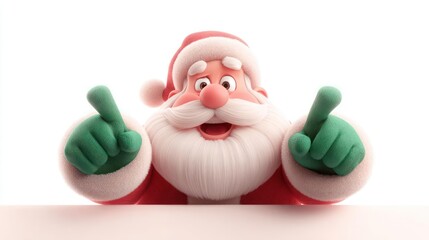 Playful santa claus character made of clay pointing upwards with both index fingers in a festive holiday greeting