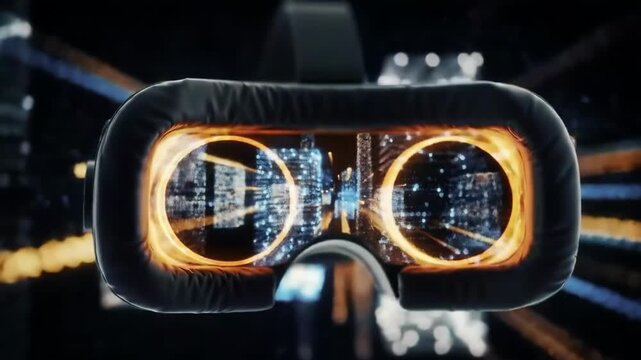 Virtual reality headset displaying futuristic city in digital space - Powered by Adobe