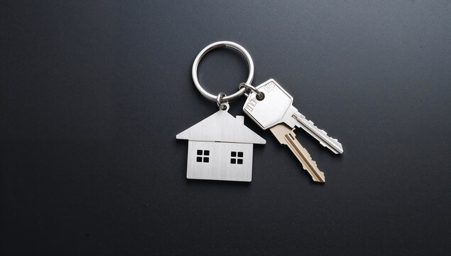 House keys on a keyring with a house-shaped keychain