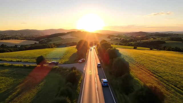 A serene road stretches through vibrant green fields as the sun sets behind the distant hills. The road and sunset create a tranquil setting for evening journeys and exploration.