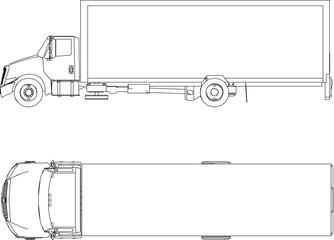 vector sketch illustration silhouette design image of industrial vehicle trailer truck with rear container for industrial side and top view