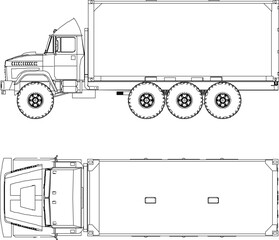 vector sketch illustration silhouette design image of industrial vehicle trailer truck with rear container for industrial side and top view
