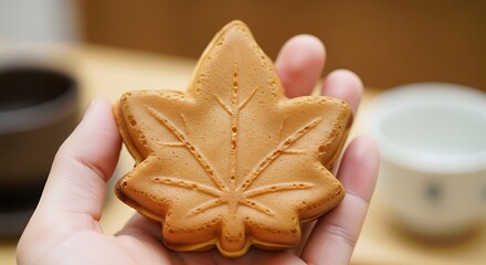 A person holds a leaf-shaped pastry in their hand, showcasing a golden-brown surface and intricate vein detail