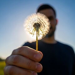 Fototapeta premium A person holds up a dandelion, the sun shining through its delicate structure. The background has sky and field