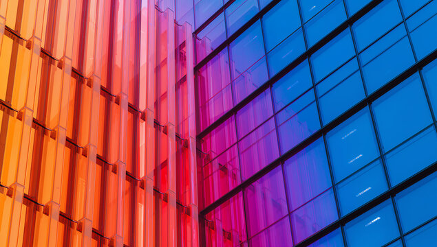Abstract architectural detail of a modern building with colorful glass panels