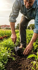 A person in a blue shirt tends to a small plant with a shovel in a garden. Sunlight shines down on the crops and plants