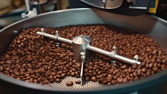 Close-up of dark-roasted coffee beans tumbling in a cooling drum of an industrial roaster. The artisan process for peak flavor.