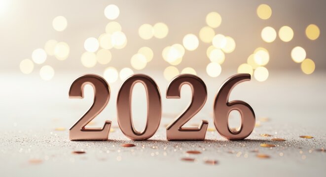 The year 2026 in rose gold numbers sits on a white surface with gold confetti, illuminated by a soft, bokehfilled background, symbolizing a bright and festive new year, isolated on white background