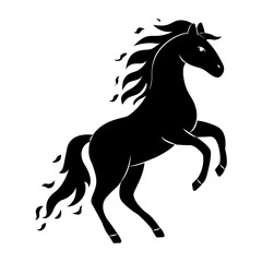 Majestic black horse rearing with flowing mane surrounded by leaves in a simple, artistic style