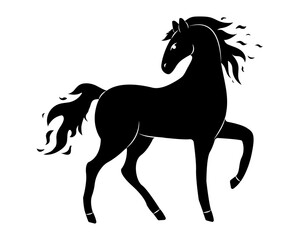 Bold silhouette of a running horse displaying energy and grace in a dynamic pose against a white background