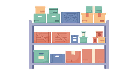 Fototapeta premium A colorful illustration showcases a storage rack filled with various cardboard boxes, crates, and packages, representing organization and inventory.