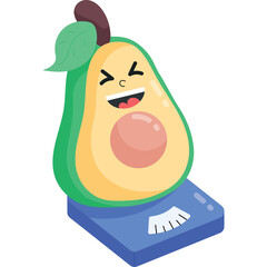 Happy Avocado Character Standing on a Blue Weighing Scale with a Transparent Background Representing Healthy Eating and Weight Management With Pixel Art Style