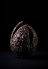 Unique nocturnal fruit with a dark, textured skin and intriguing, wing-like contours, offering a mysterious and exotic natural treat. (137 characters) ,vegan ,mysterious fruit ,culinary delight